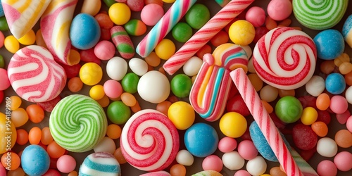 A bright collection of lollipops, candy canes, and various colorful candies scattered together closely. photo