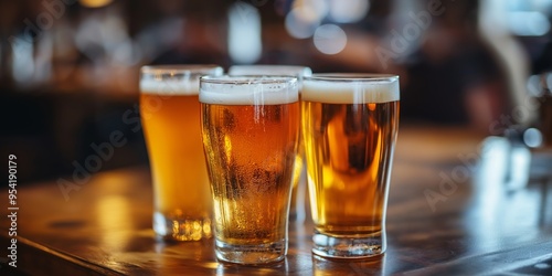 Close-up of four glasses of frothy golden beer placed on a wooden table in a cozy bar, capturing a moment of relaxation. photo