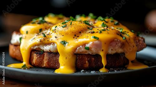 Close-up of eggs benedict w...