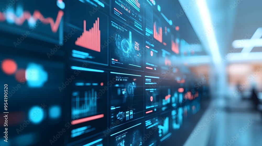 Futuristic Data Analysis Screen with Graphs and Charts