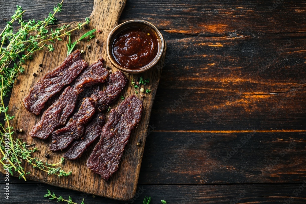 Fototapeta premium Beef jerky with dipping sauce and herbs