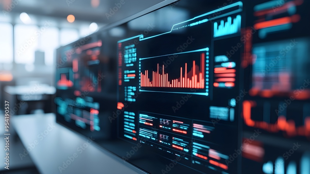 Futuristic Data Analysis Screen with Red and Blue Graphs Futuristic Data Analysis Screen with Red and Blue Graphs