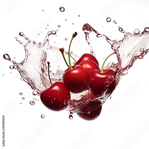 Cherry with water splashing isolated on white background photo