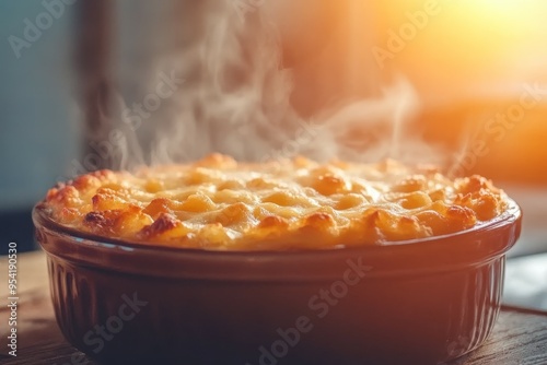 Steaming hot baked casserole with golden crust