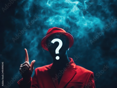 Mysterious figure in a red suit and hat with a question mark face, surrounded by smoke, representing mystery and intrigue. photo