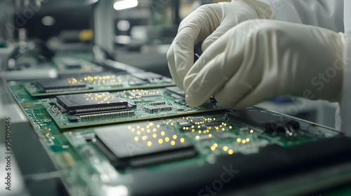 Close-up of gloved hands working on a circuit board with chips. photo