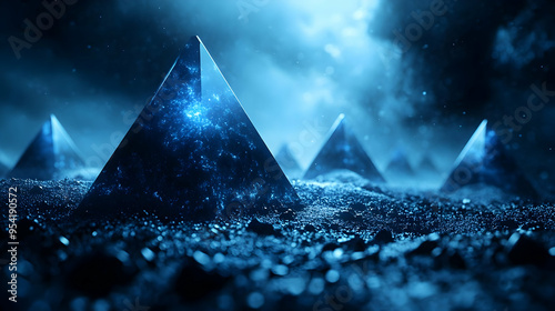 Close-up of glowing pyramids in a dark blue environment.