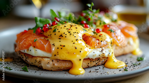 Close-up of poached eggs wi...