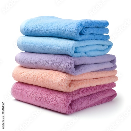 Stack of colorful towels on white background