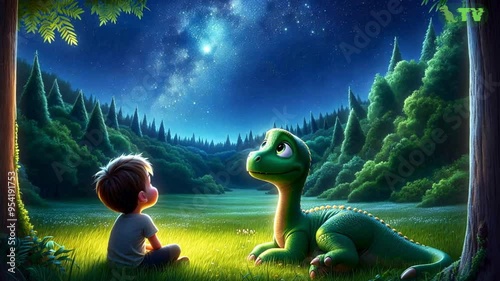 Boy and a Cute Dinosaur, Babies fall a sleep animation for lullaby music, a seamless loop video background photo