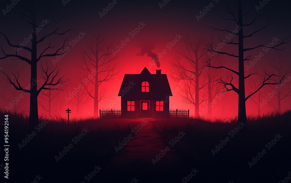 A spooky house silhouette surrounded by eerie trees, enveloped in a dark red mist. Perfect for Halloween or horror themes. A spooky house silhouette surrounded by eerie trees, enveloped in a dark red mist. Perfect for Halloween or horror themes.