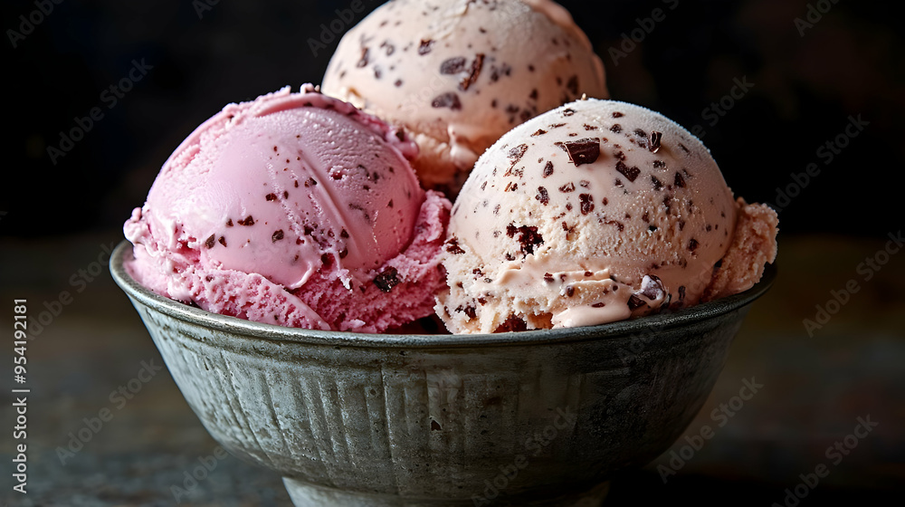 Closeup of three scoops of ice cream with chocolate chunks in a metal bowl. Closeup of three scoops of ice cream with chocolate chunks in a metal bowl.