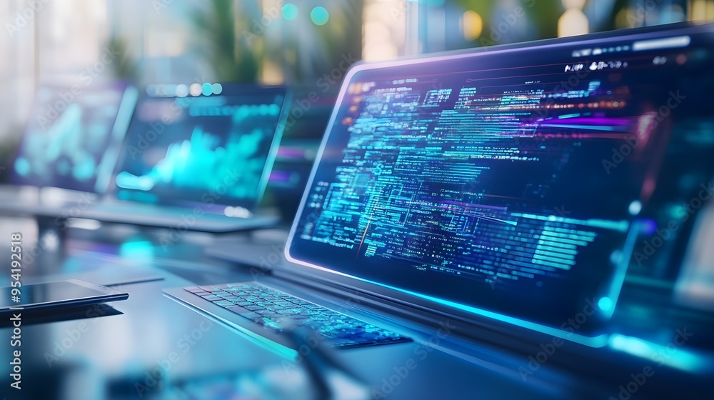 Futuristic Laptop with Glowing Code for Tech Background Futuristic Laptop with Glowing Code for Tech Background