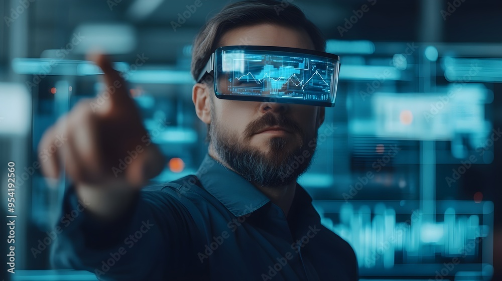 Futuristic Man Interacting with Holographic Interface Futuristic Man Interacting with Holographic Interface