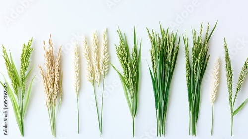 Close-up of rice ears in various stages of growth, representing the life cycle of rice from seedling to maturity