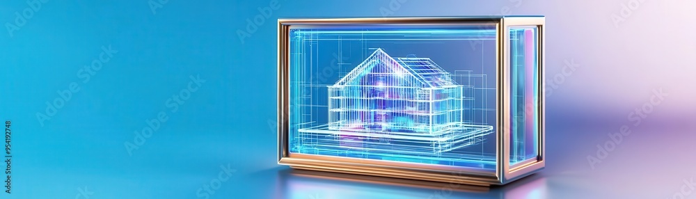 Fototapeta premium Thin metallic frame, holographic blueprint of a futuristic building inside, minimalist style, soft blue tones