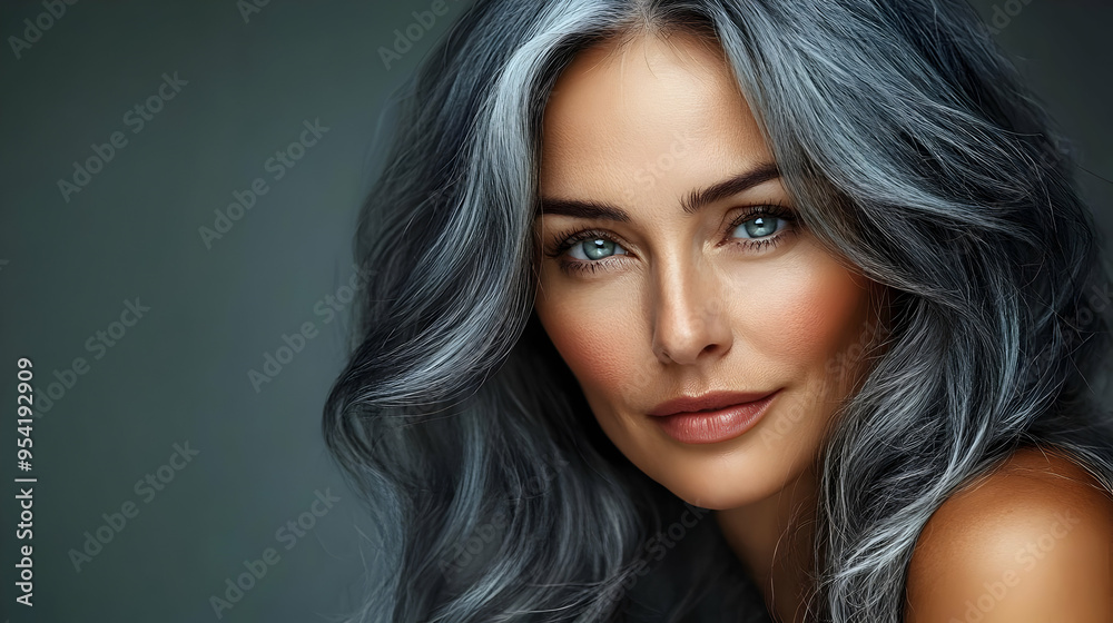 Close-up portrait of a beautiful woman with long gray hair looking at the camera. Close-up portrait of a beautiful woman with long gray hair looking at the camera.