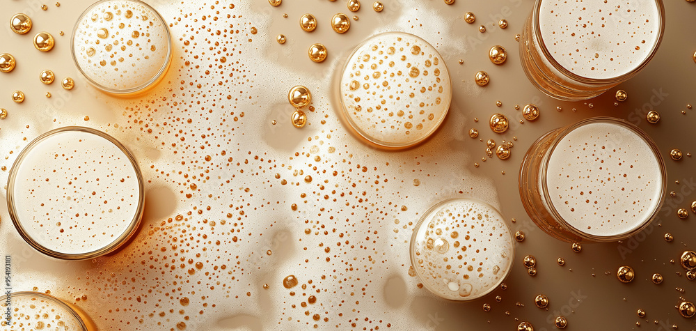 Many beer mugs with white foam and golden bubbles are lying on brown background Many beer mugs with white foam and golden bubbles are lying on brown background