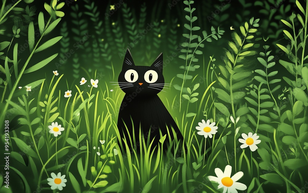 A whimsical black cat sits amidst vibrant green foliage and blooming flowers, creating a serene and enchanting nature scene. A whimsical black cat sits amidst vibrant green foliage and blooming flowers, creating a serene and enchanting nature scene.