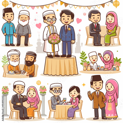 A collection of cartoon characters depicting various Muslim wedding scenes. The characters are smiling and dressed in traditional Muslim