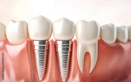 Close-up of dental implants in a healthy gum line, showcasing modern dental techniques and tooth restoration.