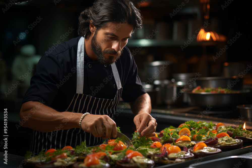 A chef with sleek, black hair expertly plating a gourmet dish in a high-end kitchen. Concept of culinary art and precision. Generative Ai. A chef with sleek, black hair expertly plating a gourmet dish in a high-end kitchen. Concept of culinary art and precision. Generative Ai.