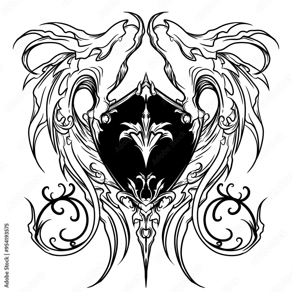 Fototapeta premium Black and white new tribal illustration of classic medieval shield ornament
