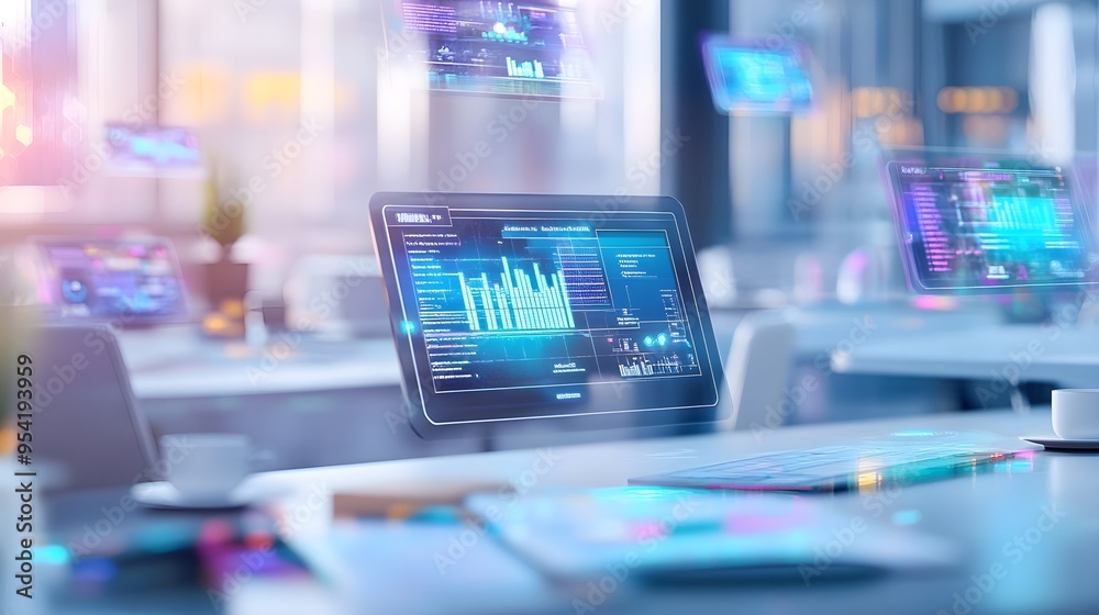 Futuristic Office with Holographic Data Displays Futuristic Office with Holographic Data Displays
