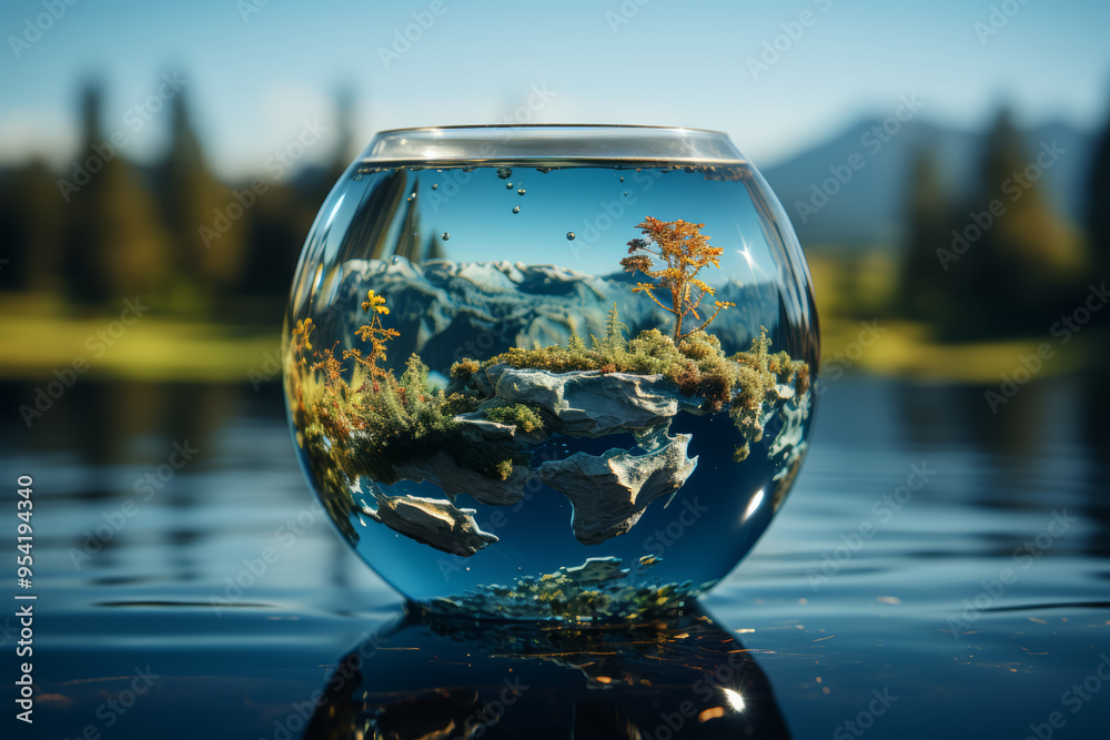 A globe submerged halfway in a glass of polluted water. Concept of environmental contamination. Generative Ai. A globe submerged halfway in a glass of polluted water. Concept of environmental contamination. Generative Ai.