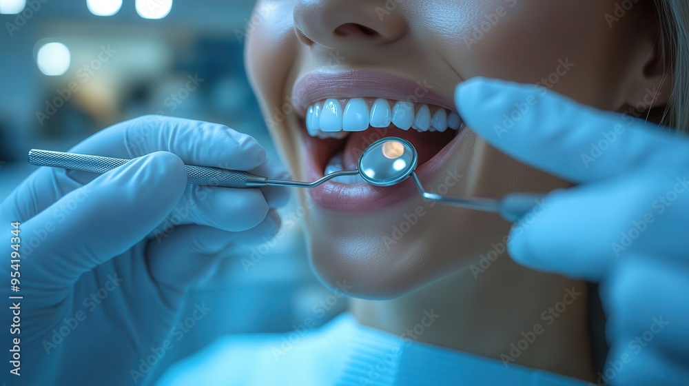 closeup of a dentists gloved hands holding a dental mirror examining a smiling patient crisp white and pastel tones create a clean professional atmosphere in the modern dental office closeup of a dentists gloved hands holding a dental mirror examining a smiling patient crisp white and pastel tones create a clean professional atmosphere in the modern dental office