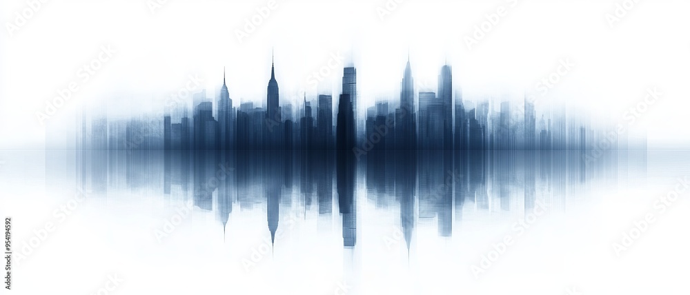 Fototapeta premium Stylized silhouette of a city skyline with an abstract soundwave effect, blending urban and audio themes creatively.