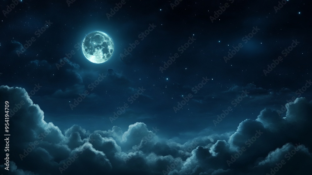 A serene night sky featuring a luminous moon surrounded by soft clouds, creating a peaceful atmosphere filled with stars. A serene night sky featuring a luminous moon surrounded by soft clouds, creating a peaceful atmosphere filled with stars.