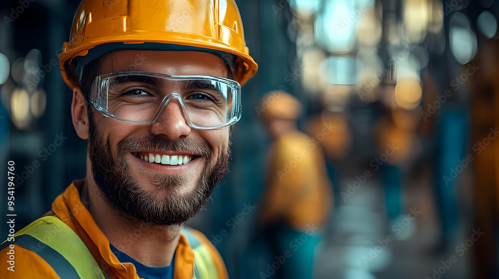 Close-up portrait of a smiling construction worker wearing a hard hat and safety glasses. Close-up portrait of a smiling construction worker wearing a hard hat and safety glasses.