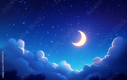 A serene night sky filled with stars and a crescent moon shining over soft clouds, creating a peaceful atmosphere.