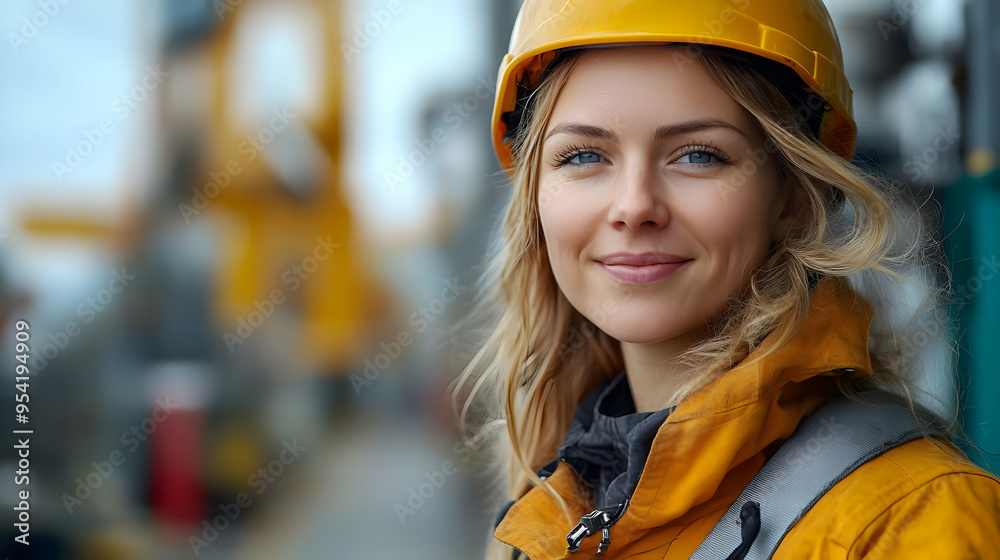Close-up portrait of a smiling woman in a yellow hardhat and jacket. Close-up portrait of a smiling woman in a yellow hardhat and jacket.