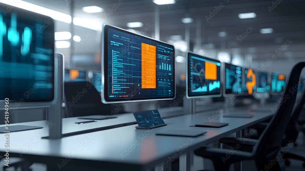 Futuristic Tech Office with Data Analysis Displays Futuristic Tech Office with Data Analysis Displays