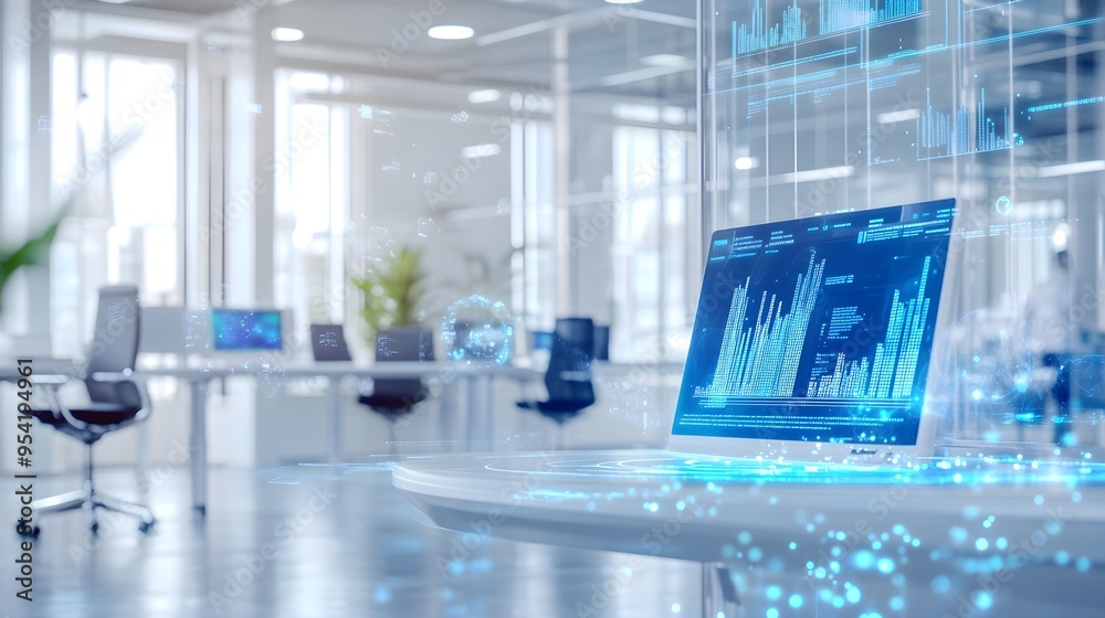 Futuristic Tech Office with Holographic Data Display Futuristic Tech Office with Holographic Data Display