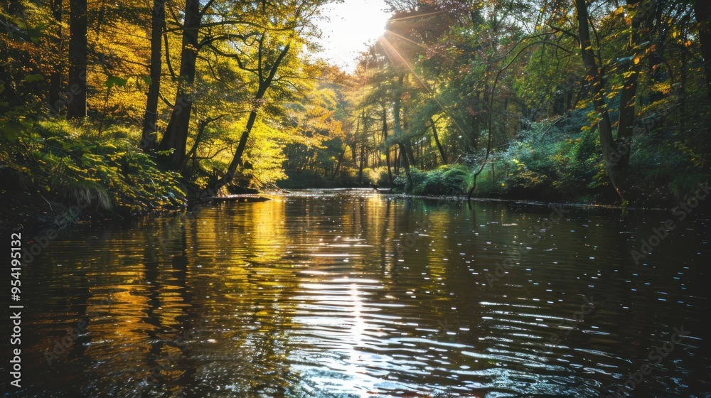 Obraz premium Sunlight Reflecting on a Serene Forest River