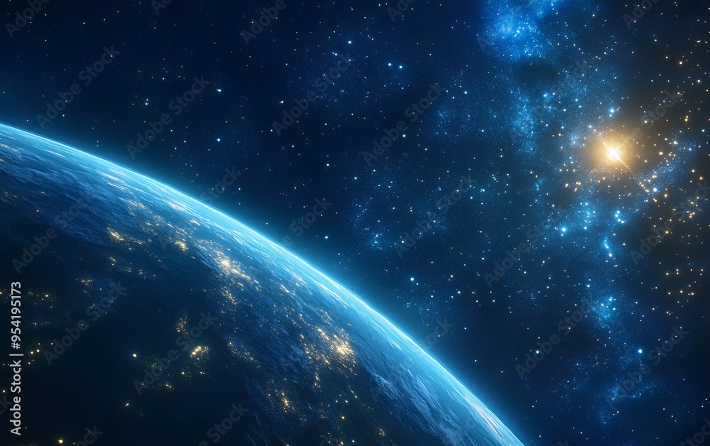 Stunning view of Earth from space, highlighting the vastness of the universe and sparkling stars in the background. Stunning view of Earth from space, highlighting the vastness of the universe and sparkling stars in the background.