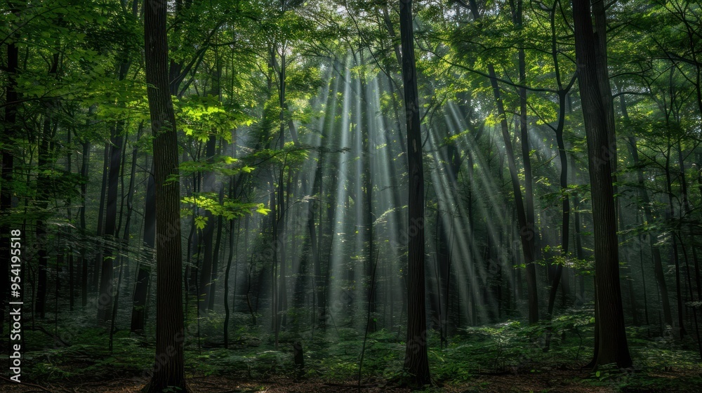 Sunbeams Piercing Through a Dense Forest Sunbeams Piercing Through a Dense Forest