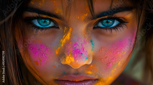 Close-up portrait of a woman with colorful powder on her face. photo