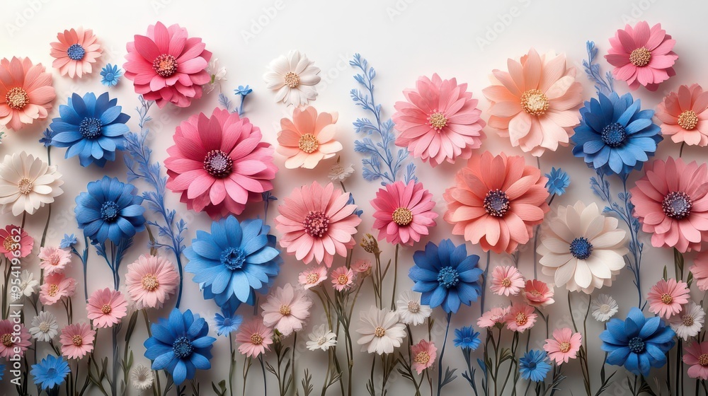 delicate paper daisies in pastel hues arranged on a crisp white background negative space for text soft shadows enhancing dimensional effect delicate paper daisies in pastel hues arranged on a crisp white background negative space for text soft shadows enhancing dimensional effect