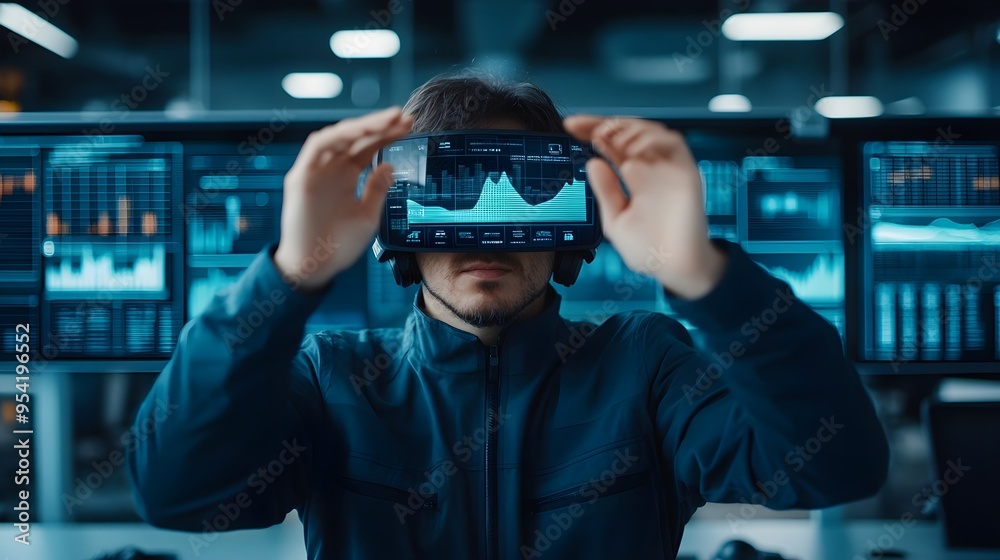 Man in VR Headset Working with Data Visualization