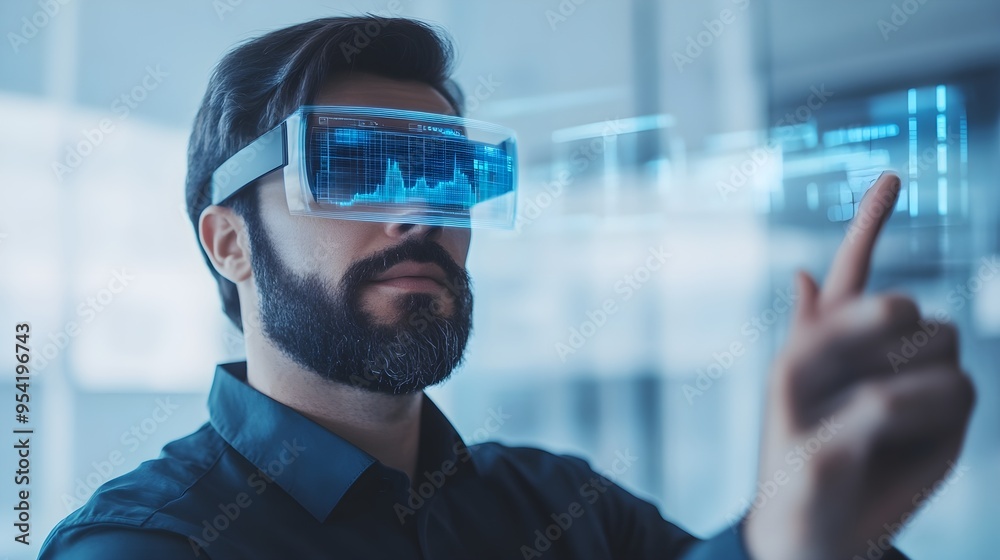 Man Using Futuristic AR Glasses with Data Visualization Man Using Futuristic AR Glasses with Data Visualization