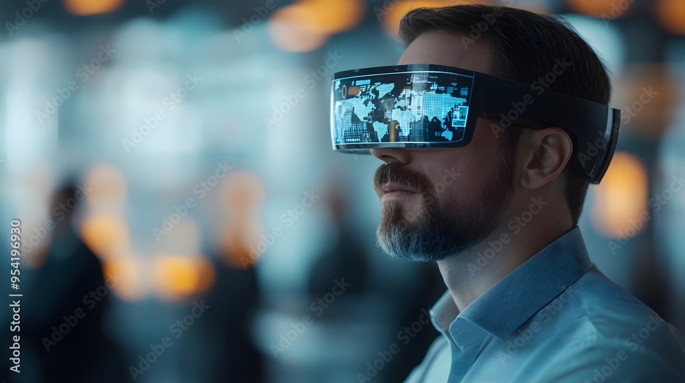 Man Wearing Futuristic VR Glasses with World Map Display Man Wearing Futuristic VR Glasses with World Map Display