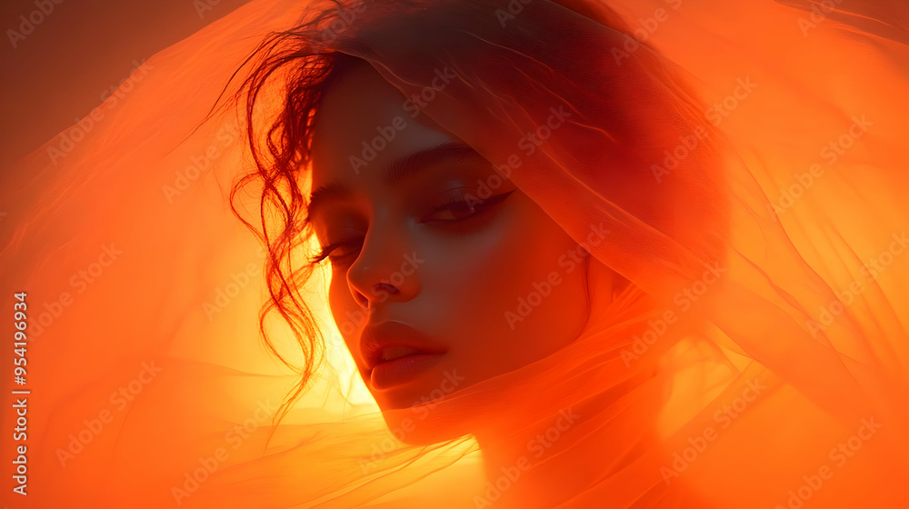 Close-up portrait of a woman's face, partially hidden behind an orange fabric, with warm, soft lighting. Close-up portrait of a woman's face, partially hidden behind an orange fabric, with warm, soft lighting.
