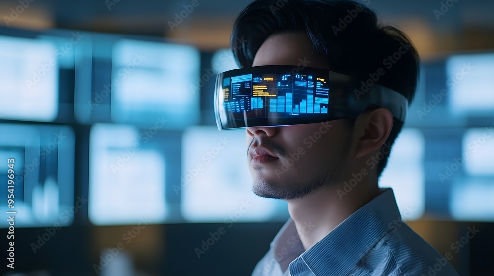Man Wearing Futuristic VR Headset with Data Visualization Man Wearing Futuristic VR Headset with Data Visualization