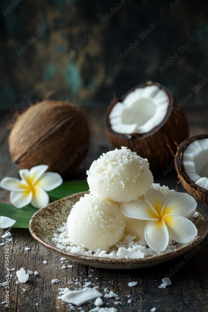 Coconut rice ball with coconut flakes closeup view Coconut rice ball with coconut flakes closeup view