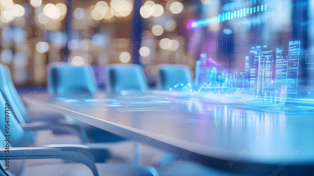 Modern Business Meeting Table with Holographic Cityscape Modern Business Meeting Table with Holographic Cityscape