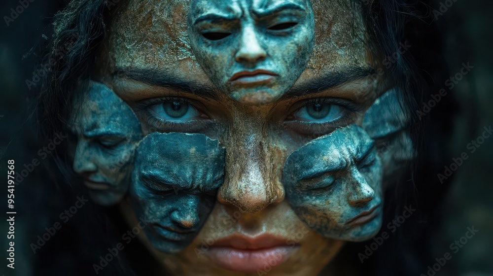 dramatic portrait of figure holding multiple emotion masks representing inner conflict dramatic portrait of figure holding multiple emotion masks representing inner conflict